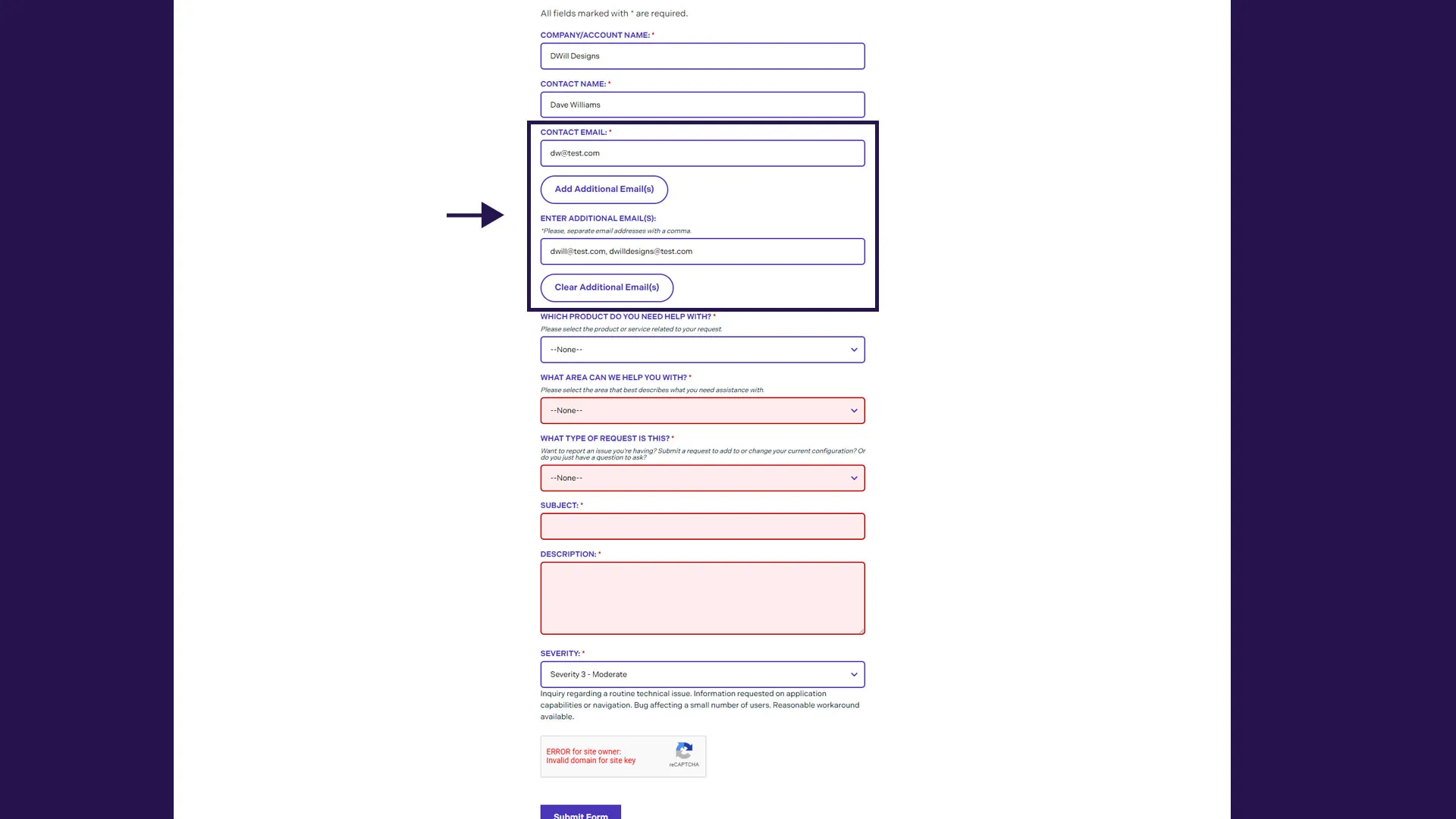 contact support form multiple email options