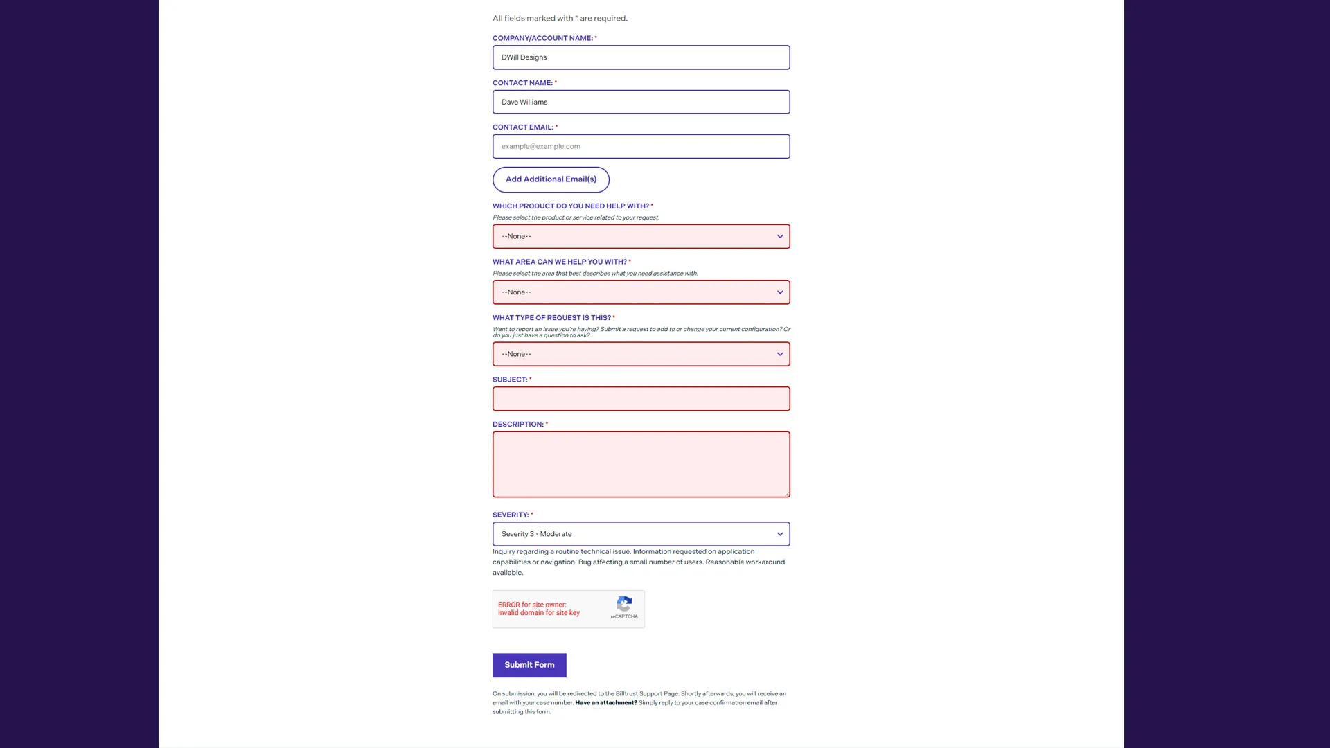 contact support form validation
