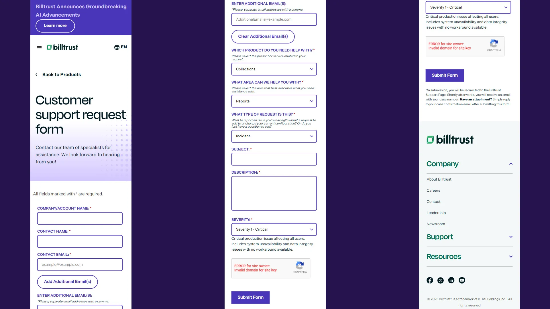 contact support form mobile version