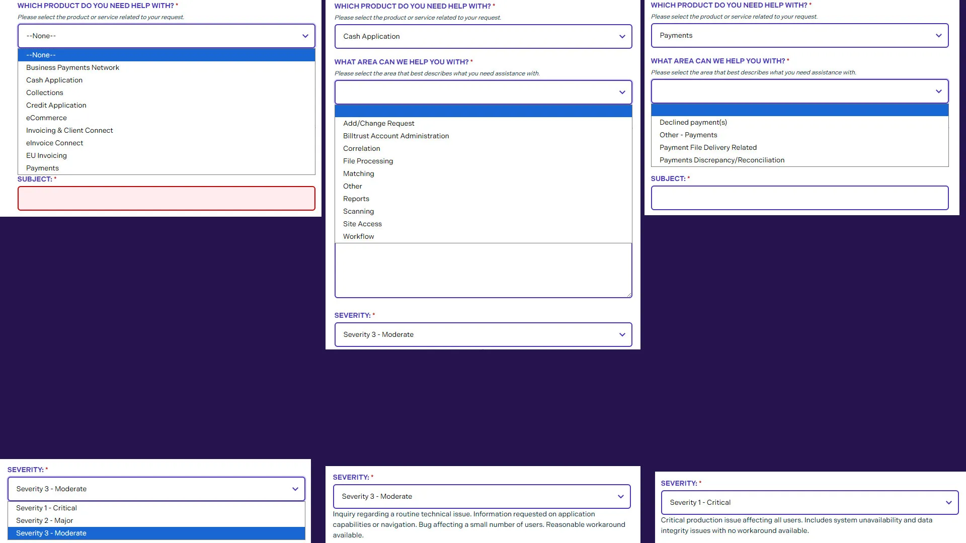 contact support form dynamic options