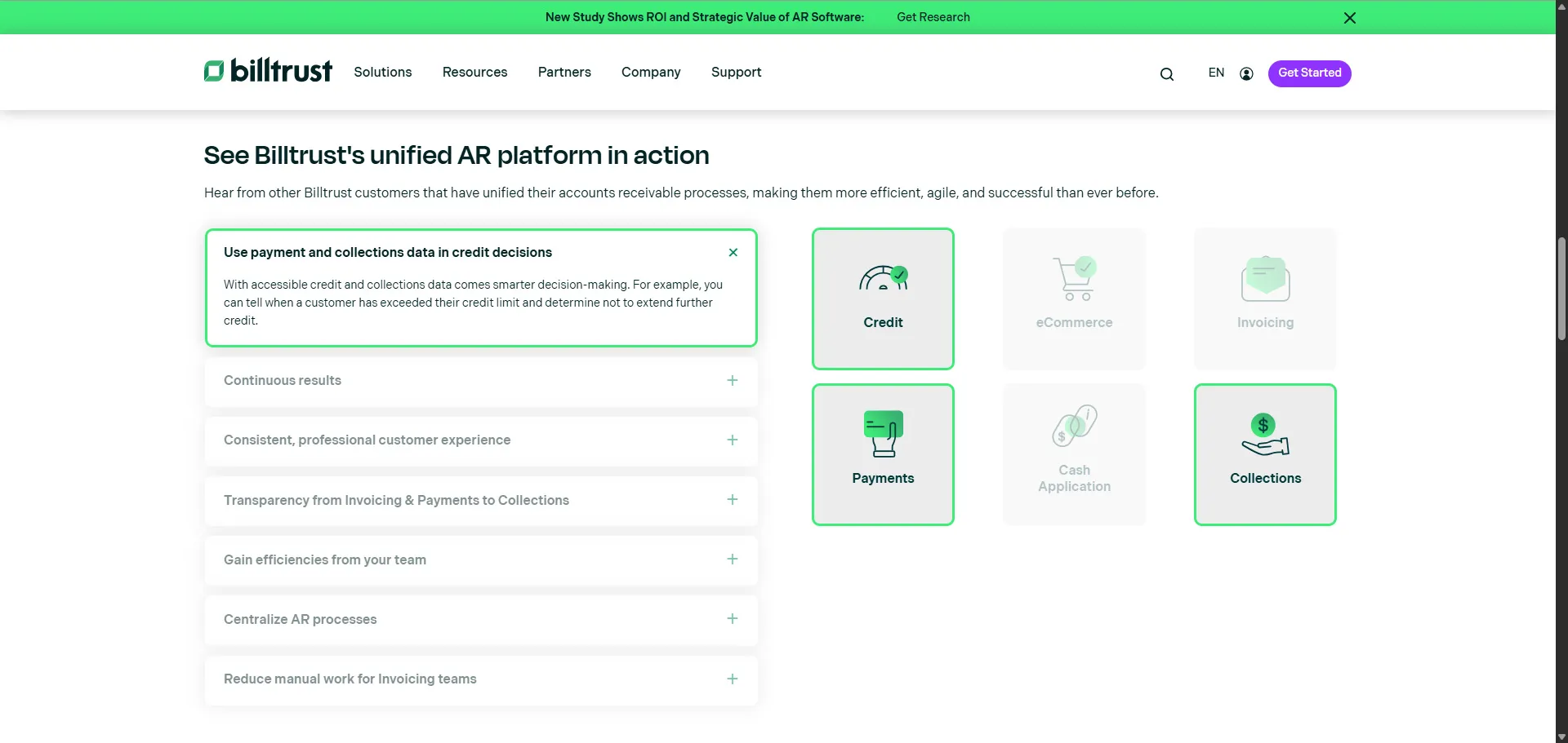 billtrust product accordion credit payments collections highlighted
