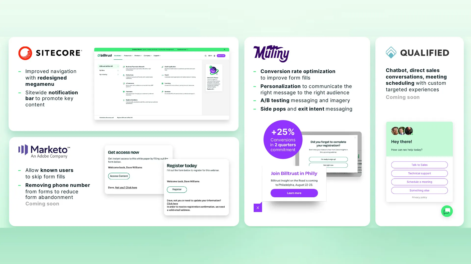 screenshot of Billtrust Global Website Marketo, Mutiny, Qualified Features