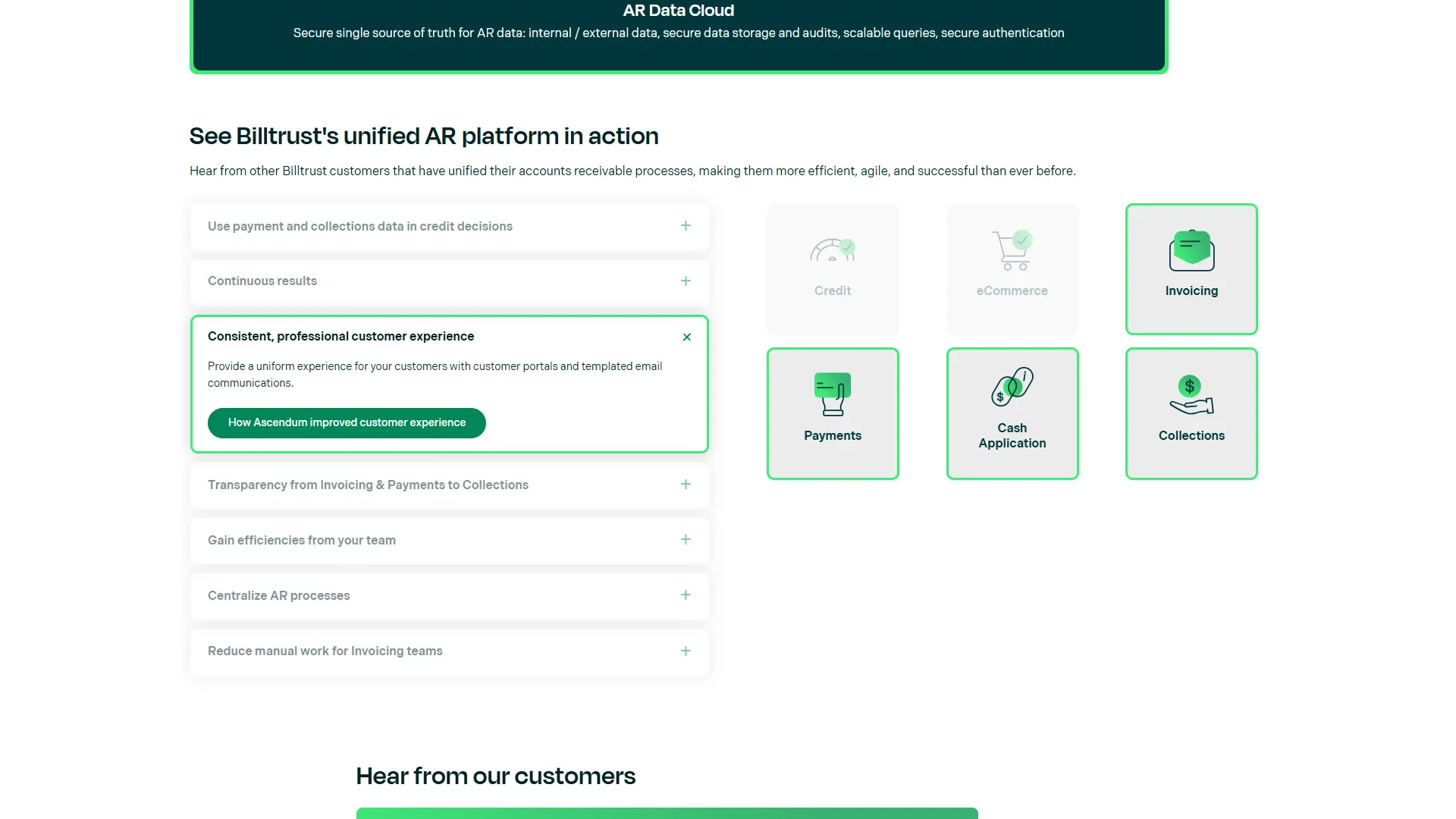screenshot of Billtrust Global Website Product Accordion