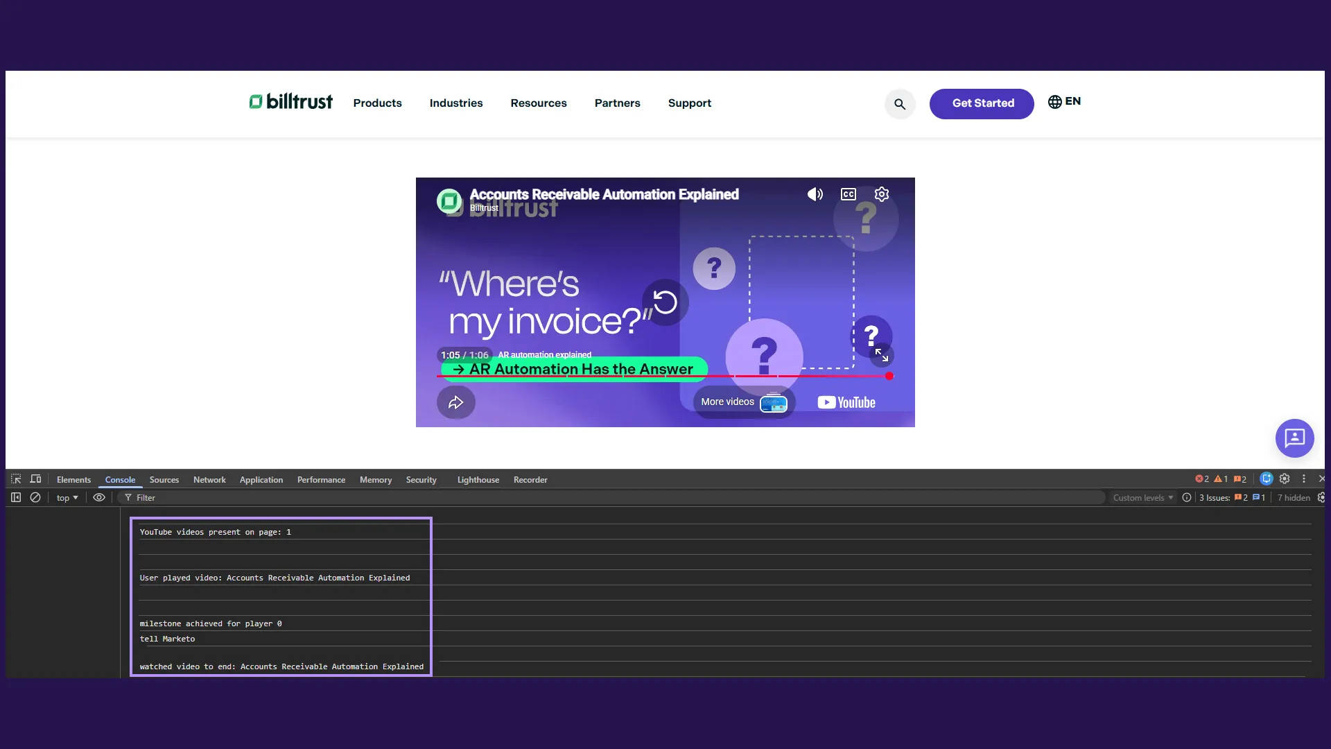 YouTube video player on Billtrust web page devtools console open