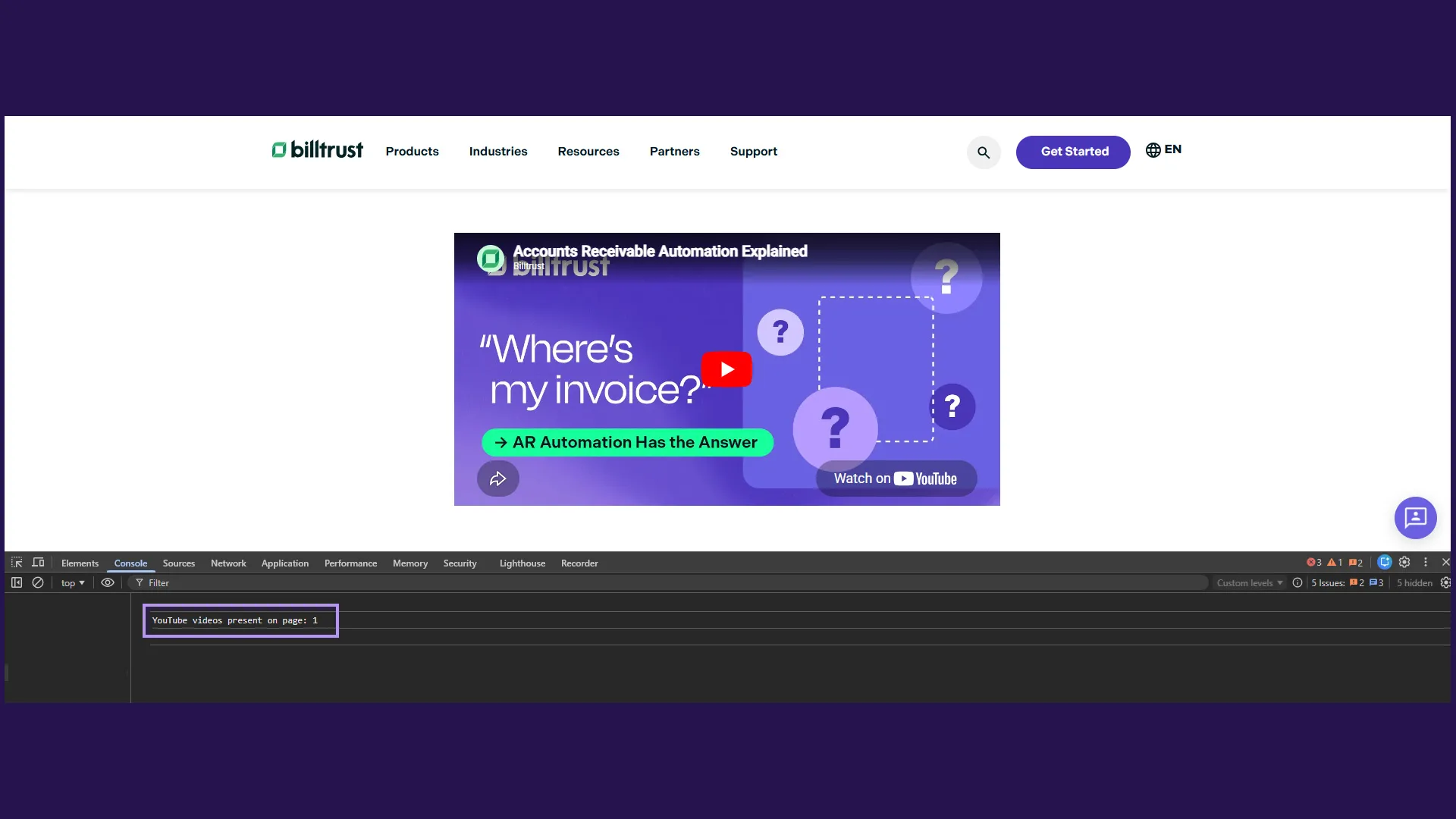 YouTube video player on Billtrust web page