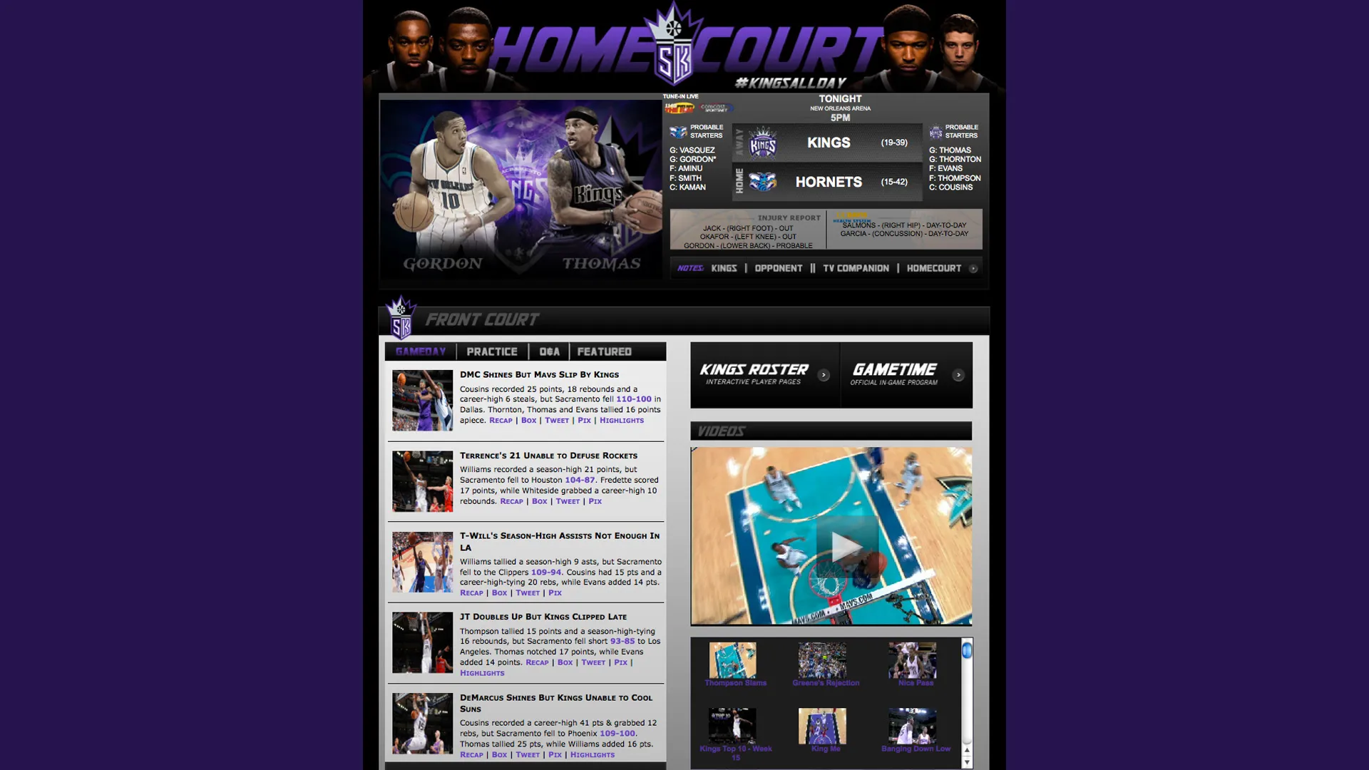 screenshot of Sacramento Kings homecourt central page