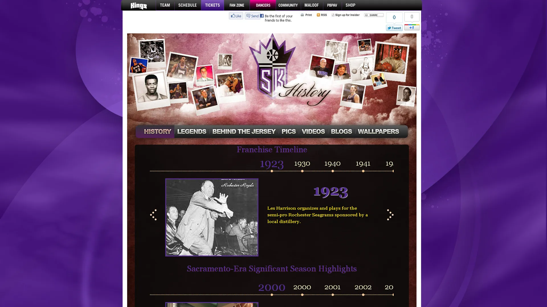 screenshot of Sacramento Kings website timeline history section