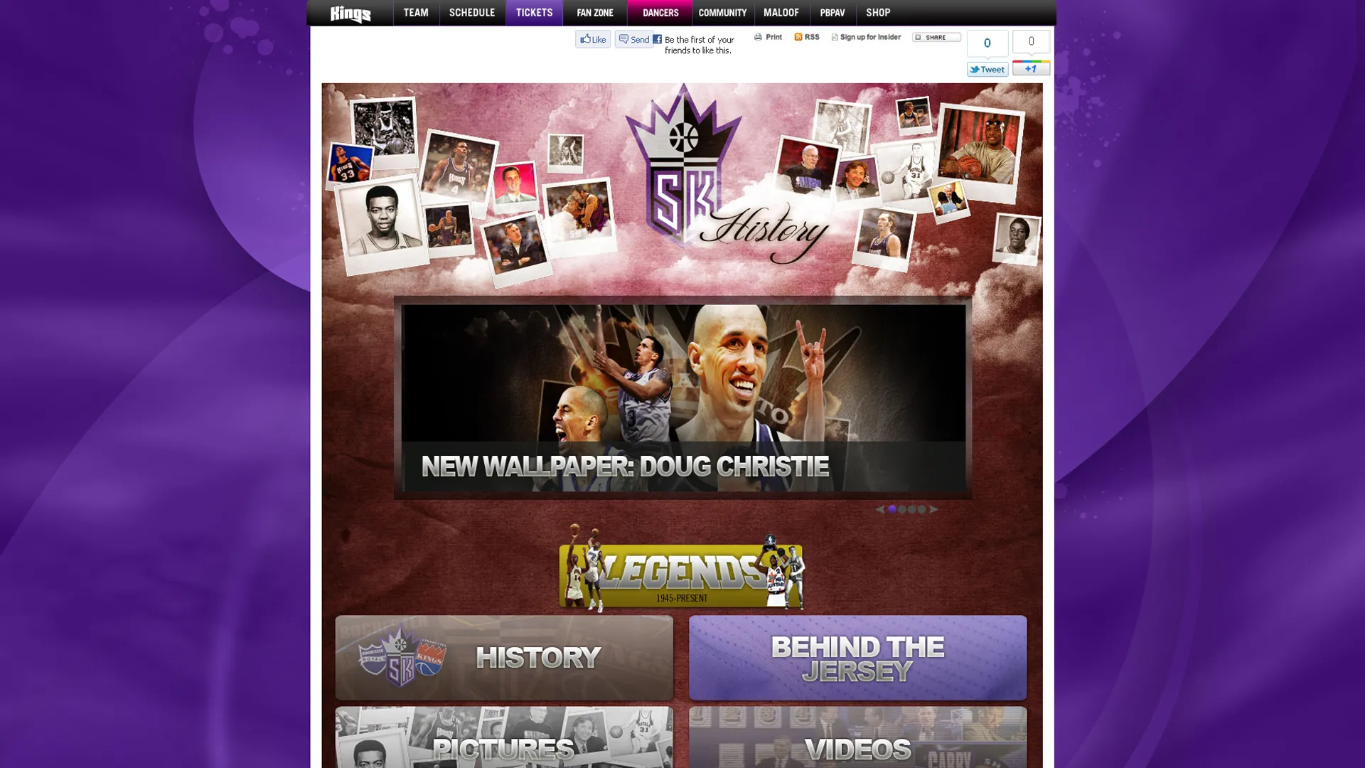screenshot of Sacramento Kings website history section