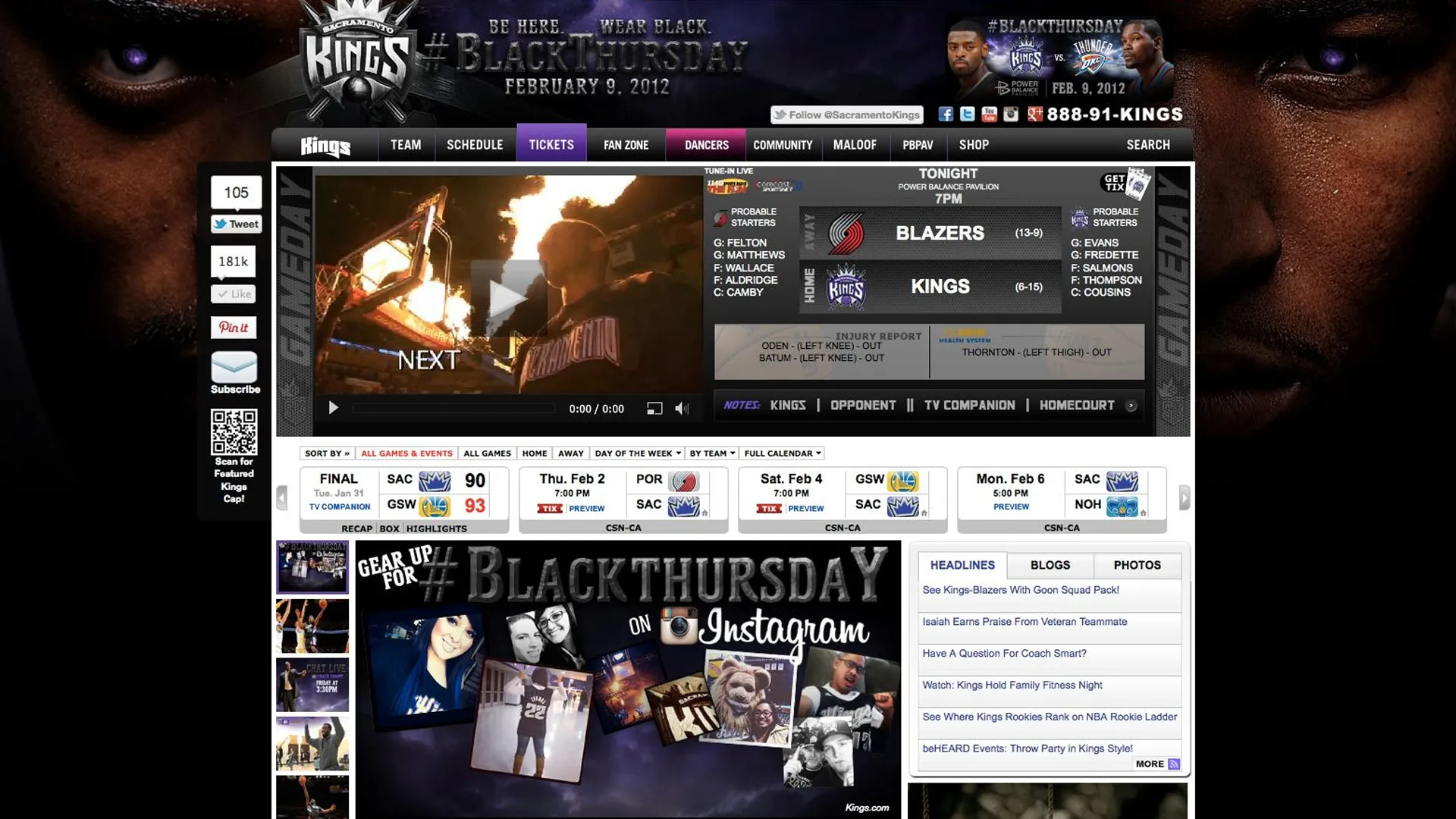Sacramento Kings (NBA) Website homepage
