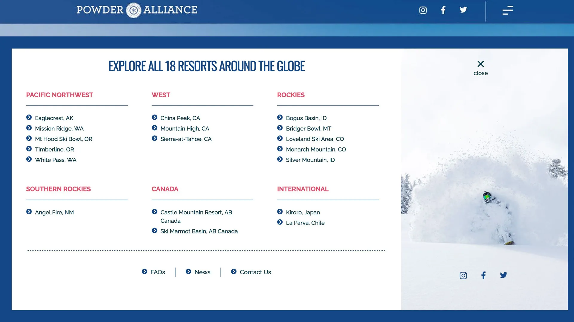 screenshot of Powder Alliance Global Ski Website Main Menu