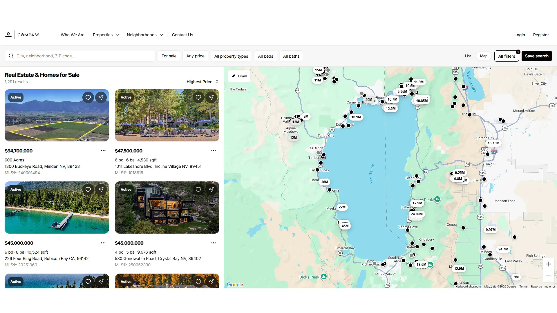Screenshot of Real Tahoe Estates Real Estate Map view