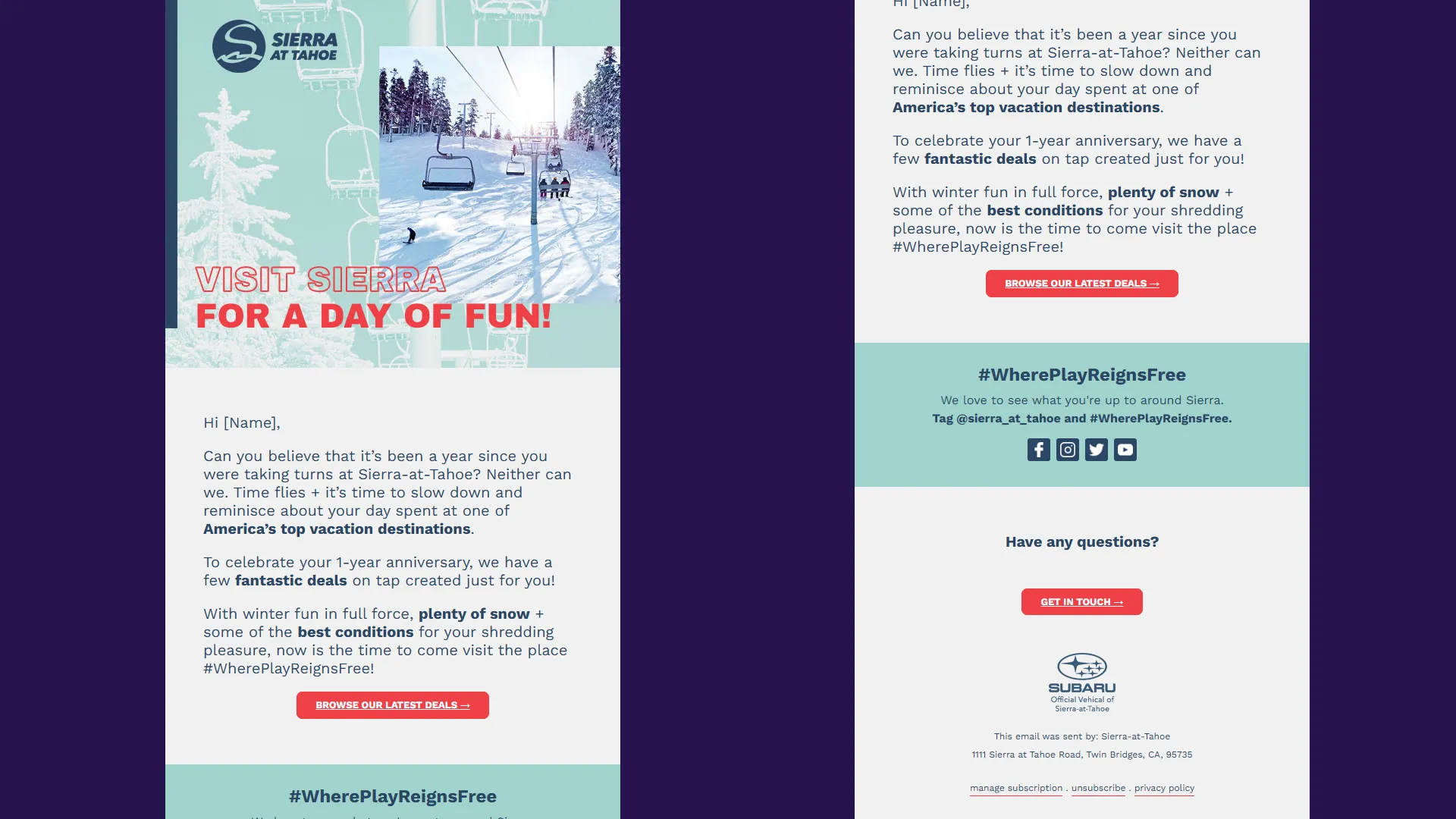 screenshot of Sierra-at-Tahoe anniversary marketing emails