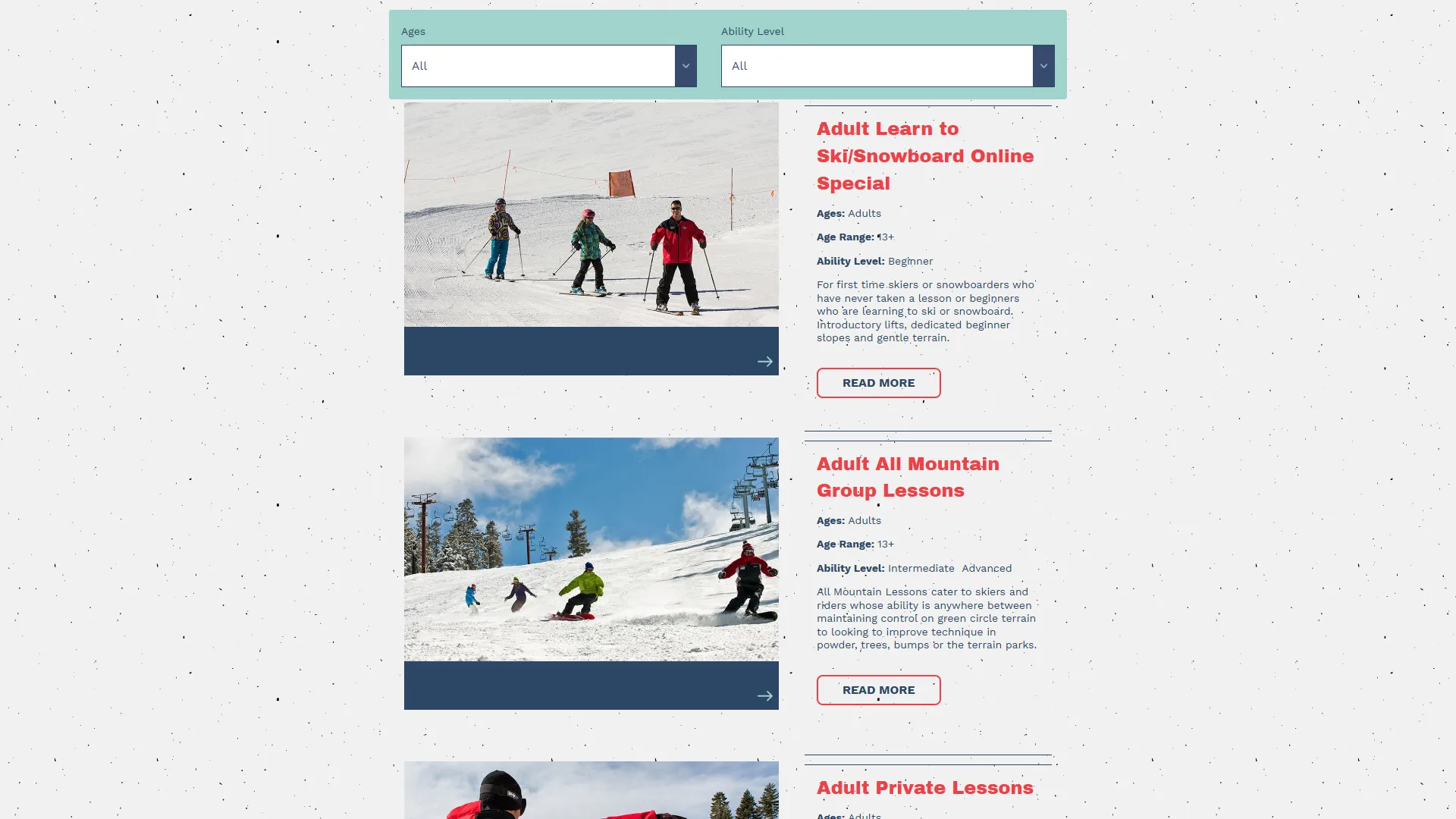 screenshot of Sierra-at-Tahoe Ski Resort Website Lessons Listing Page