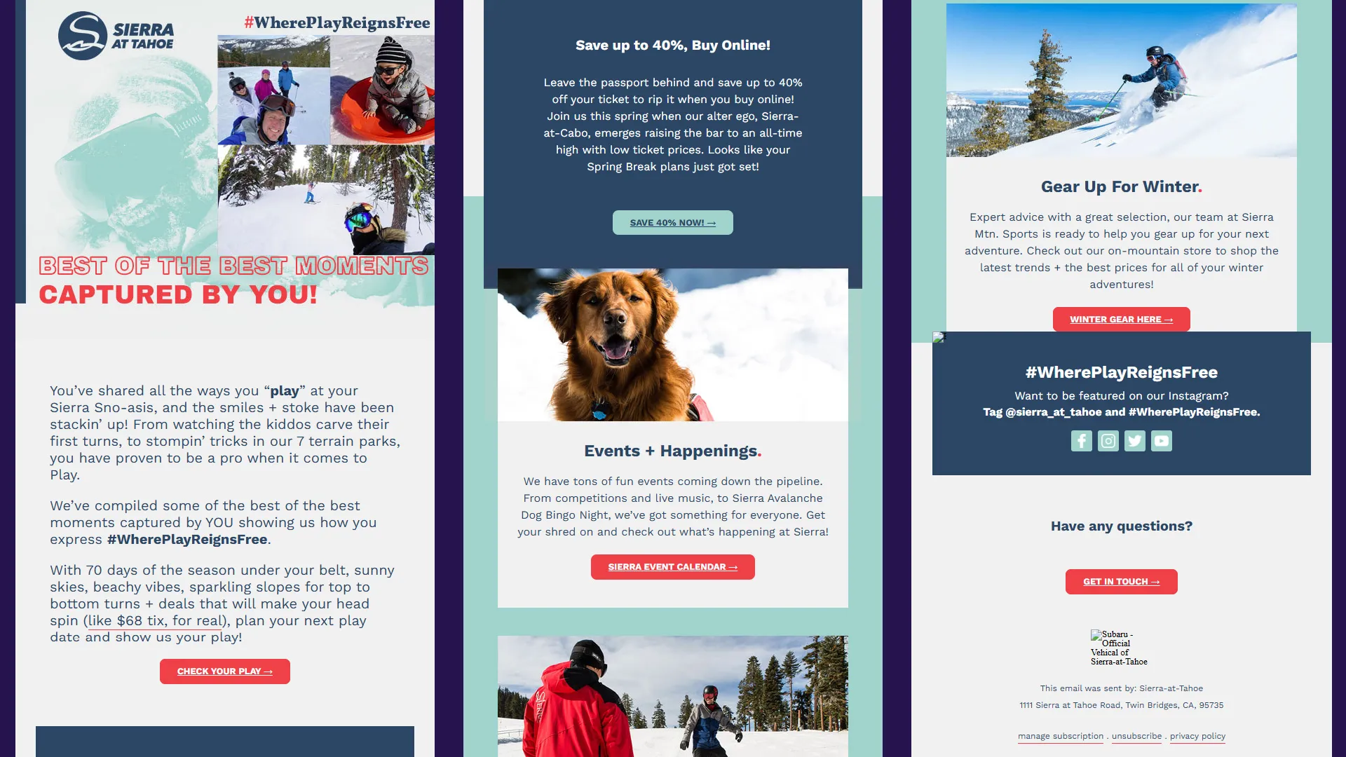 screenshot of Sierra-at-Tahoe newsletter marketing emails