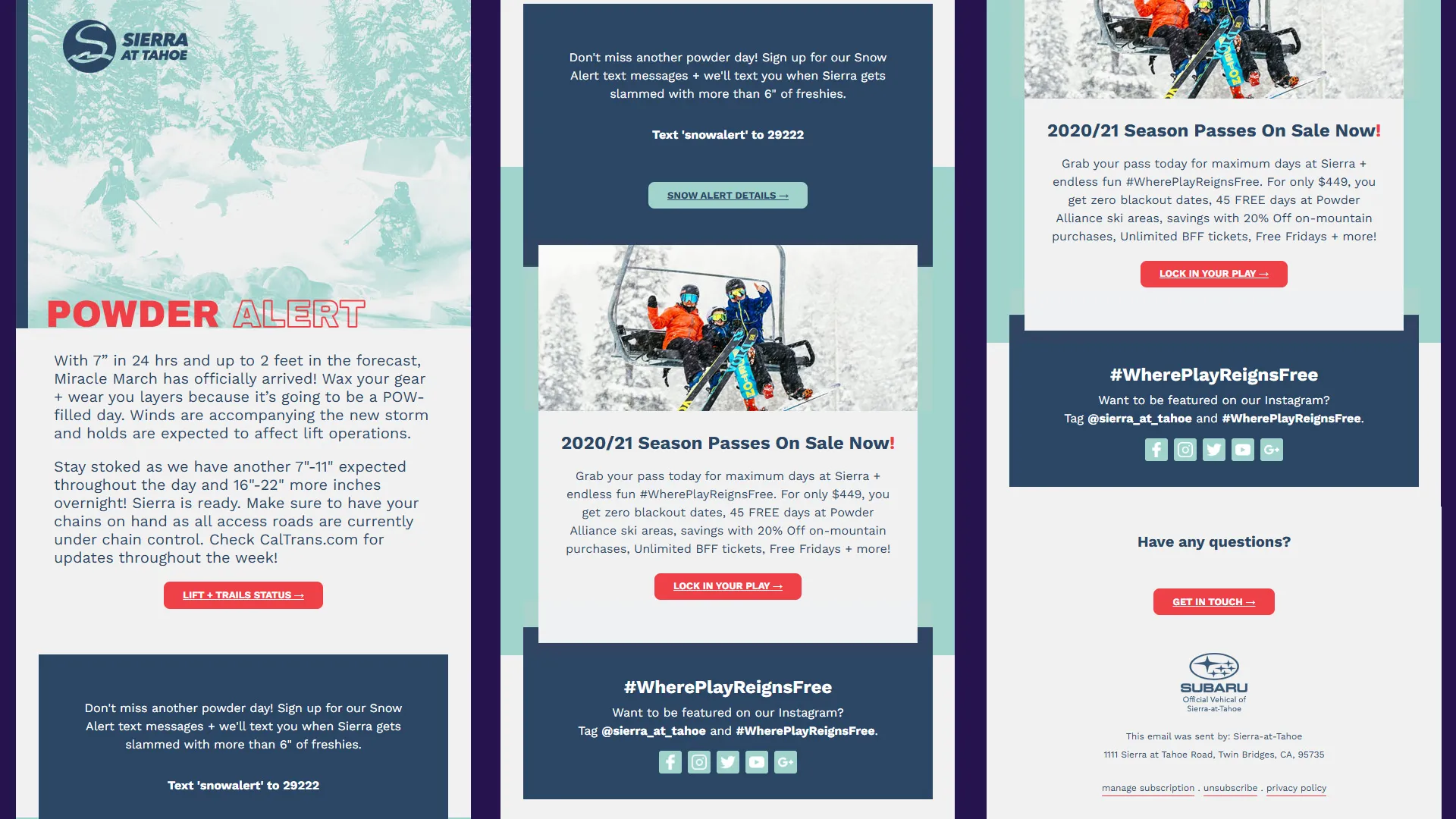 screenshot of Sierra-at-Tahoe snow alert marketing emails