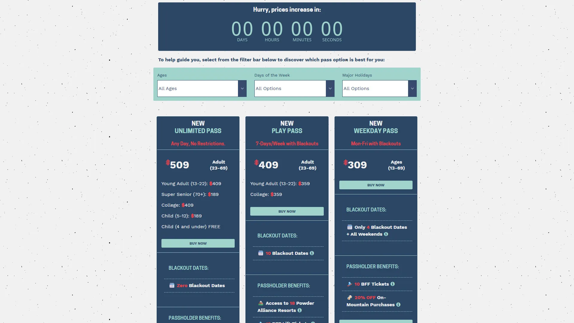 screenshot of Sierra-at-Tahoe Ski Resort Website Season Pass Page