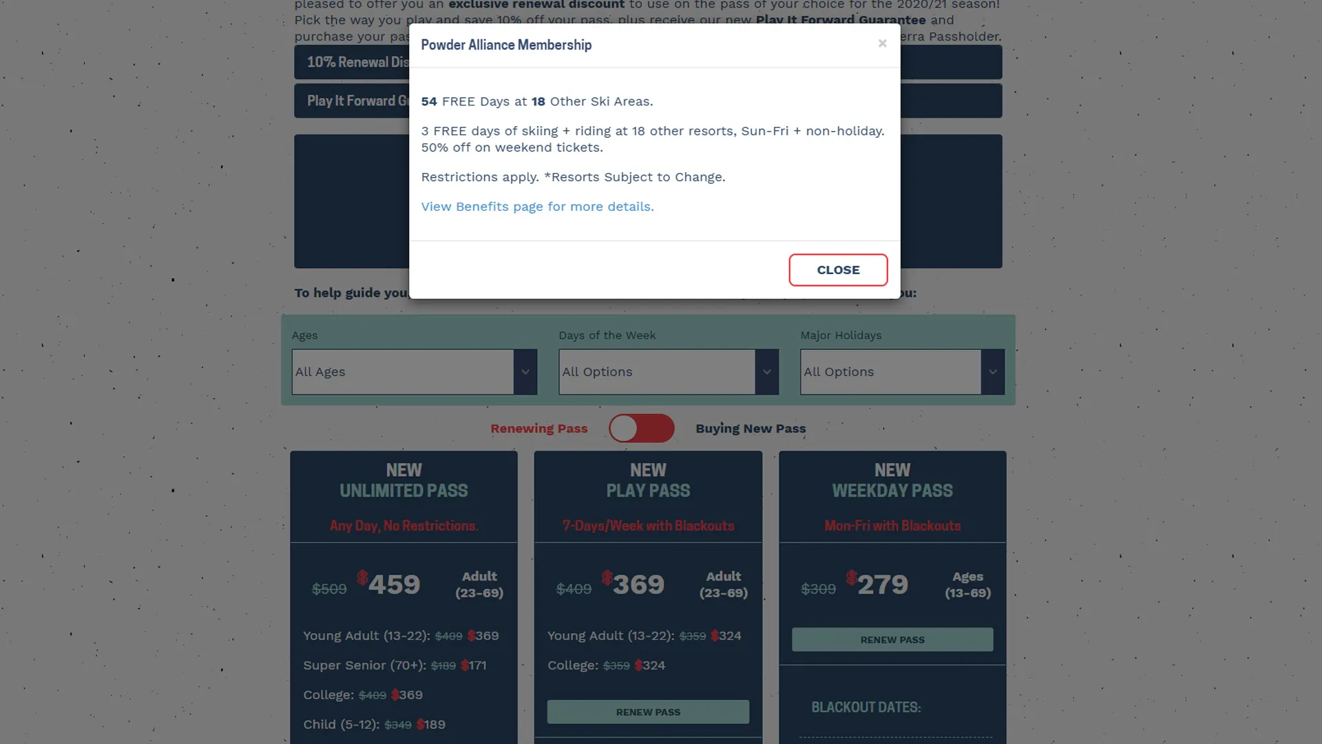 season pass pricing table information modal