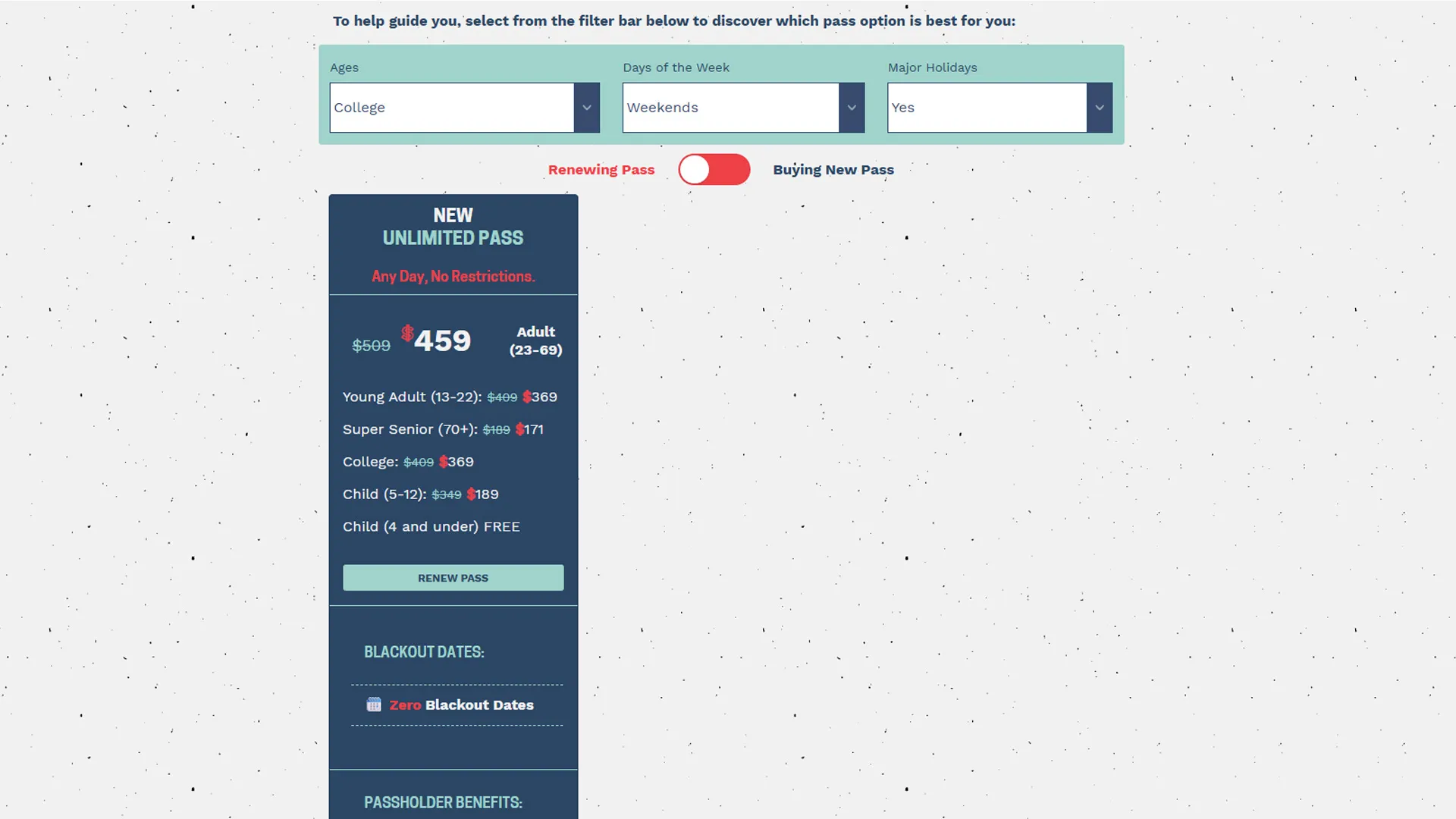 season pass pricing table with smart filtering results output
