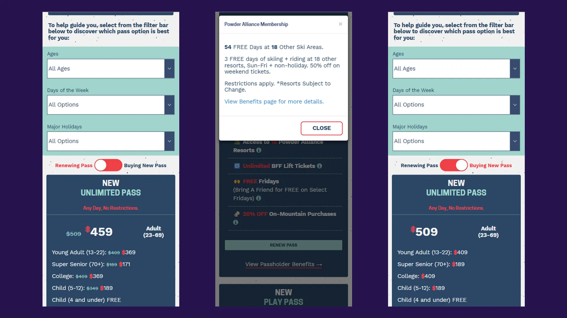 season pass pricing table with smart filtering mobile version