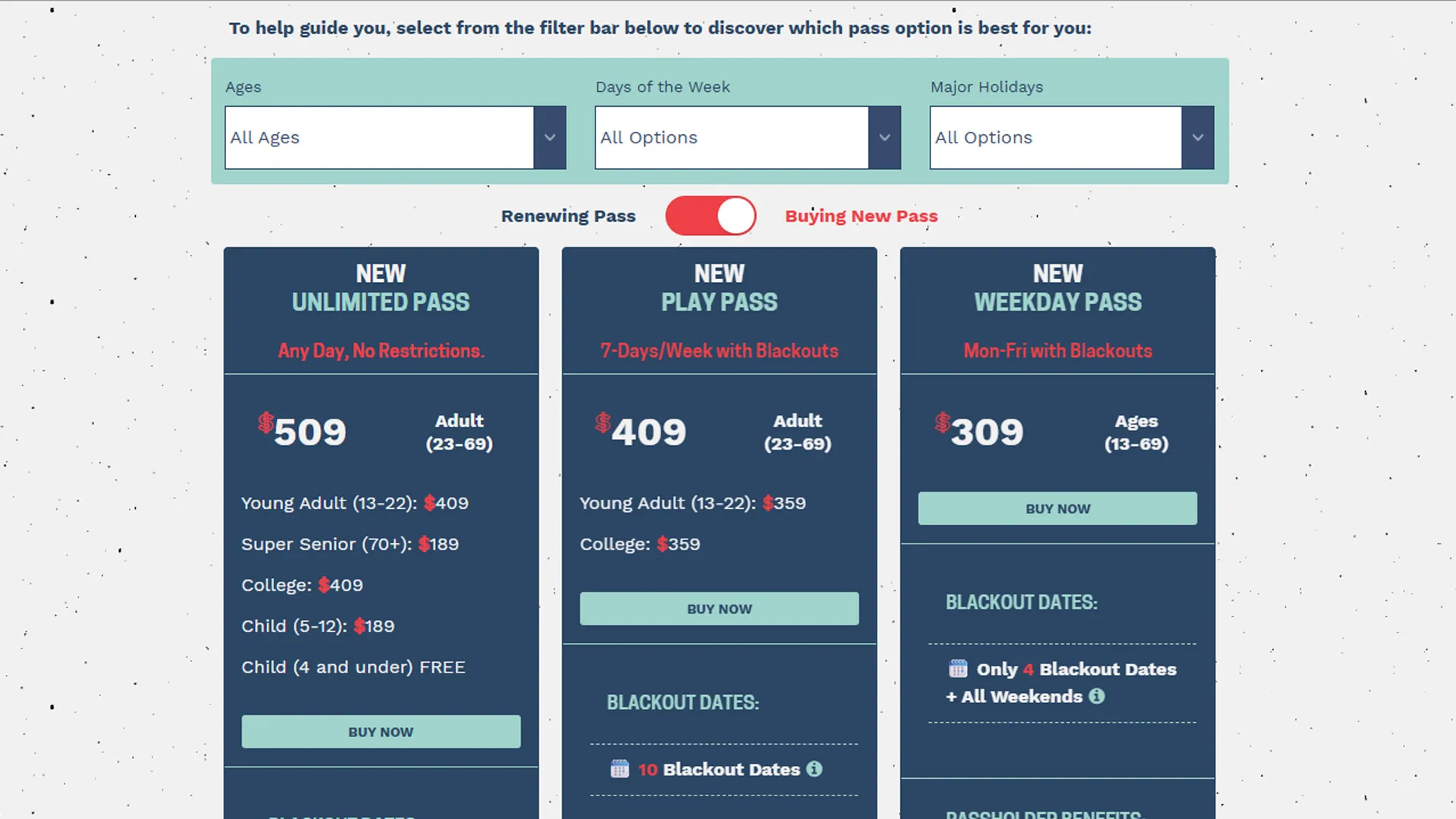 season pass pricing table with smart filtering with toggle button