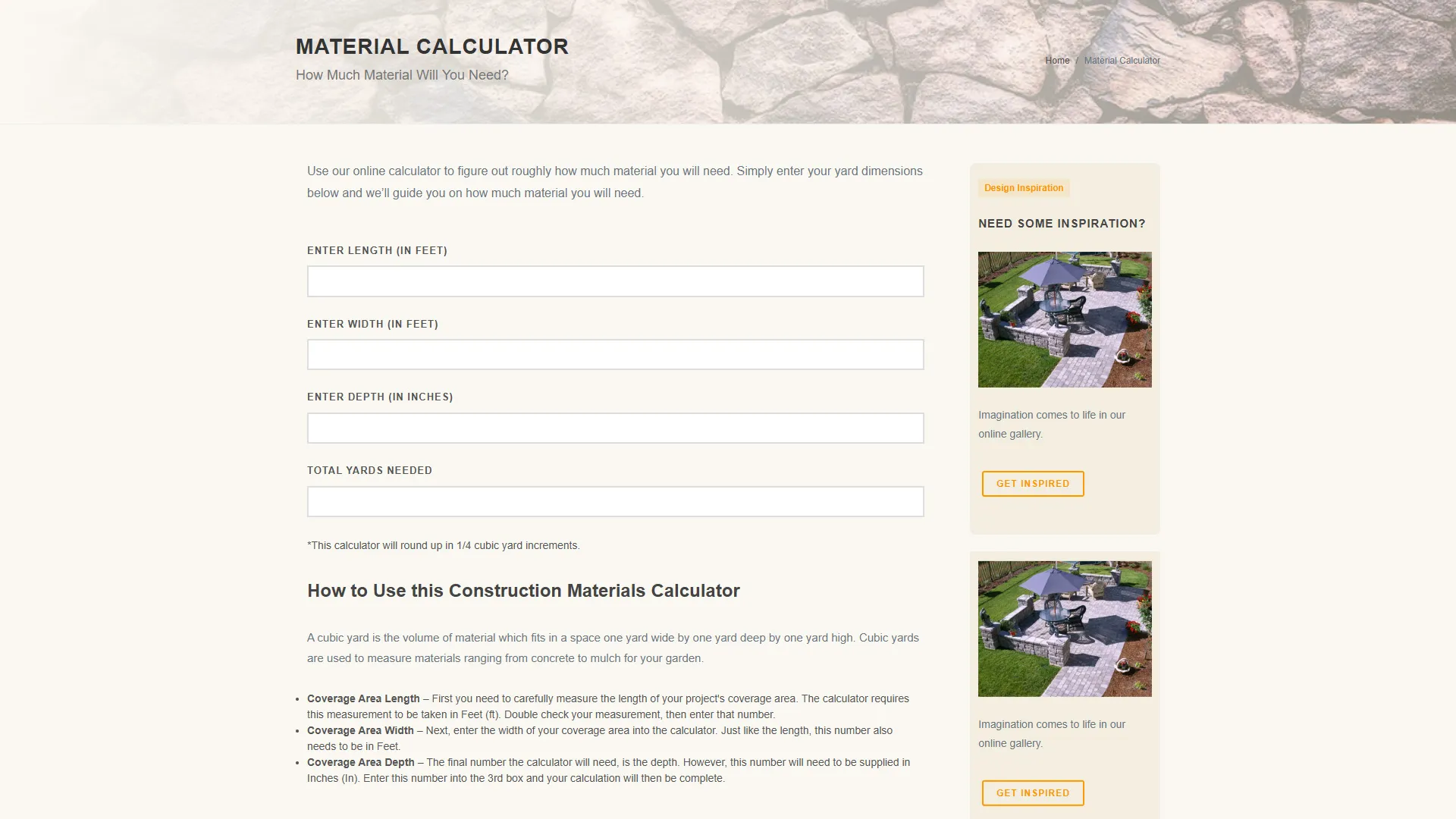 screenshot of Tahoe Sand & Gravel Static Website Material Calculator