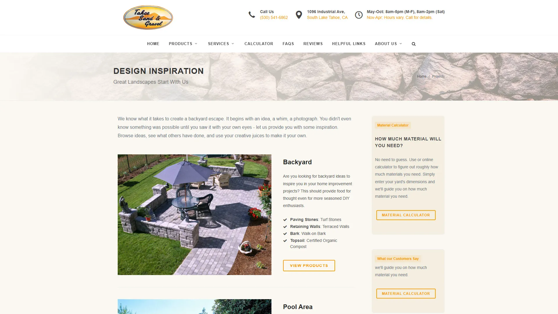 screenshot of Tahoe Sand & Gravel Static Website inspiration page