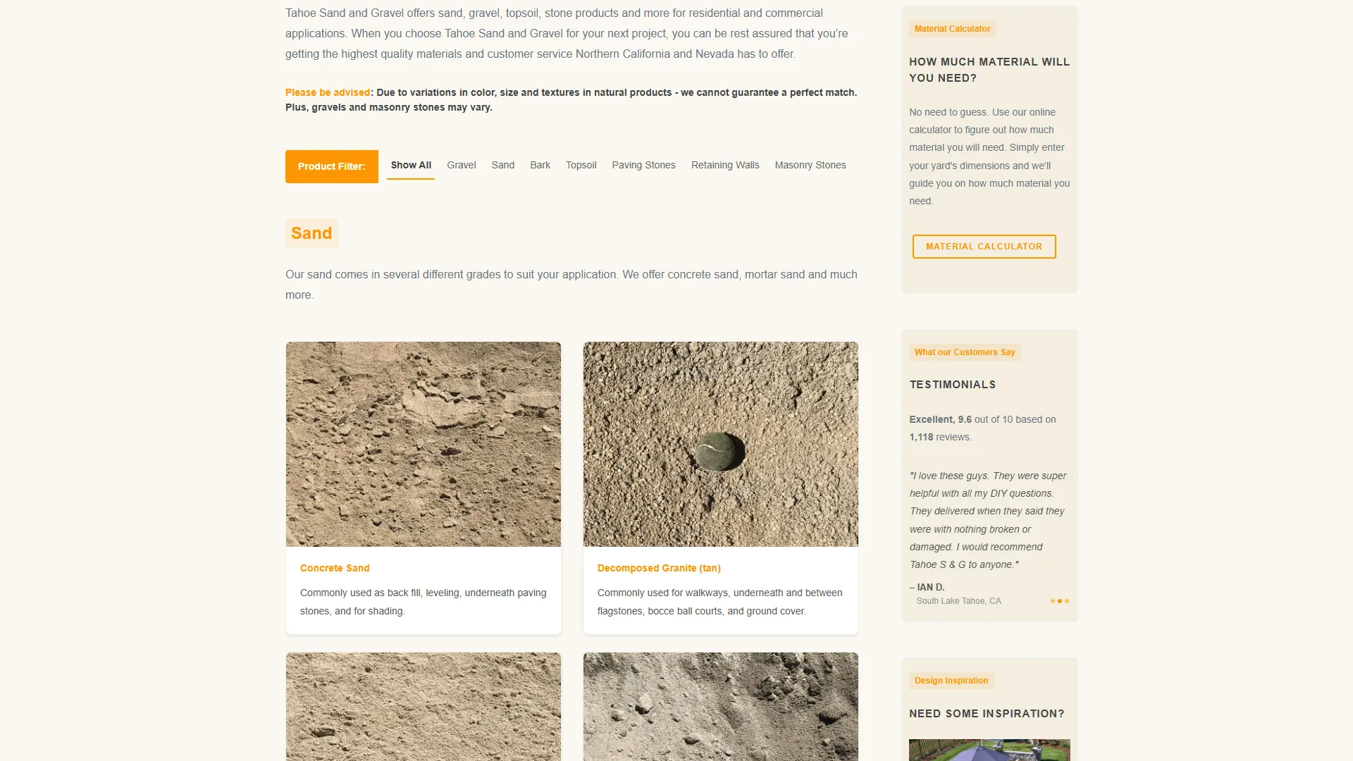 screenshot of Tahoe Sand & Gravel Static Website product page